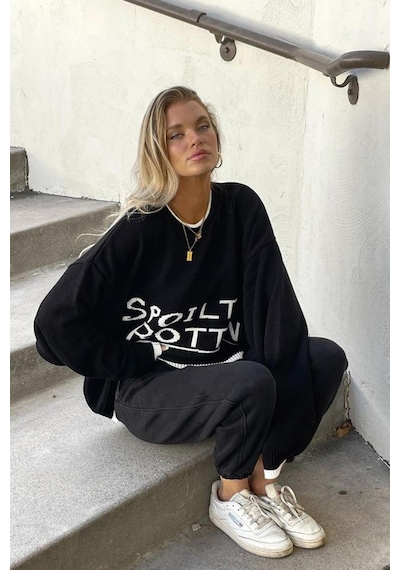 Madmext Siyah Yazılı Oversize Bisiklet Yaka Kadın Kazak Mg1596 - Siyah