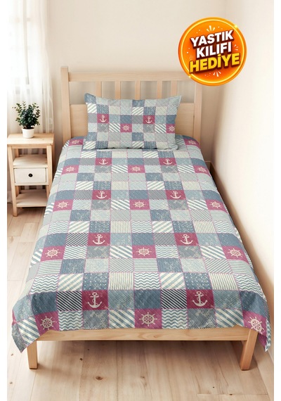 Marine Mavi Genç Odası Tek Kişilik Pike Takımı - Patchwork Pudra 160x220 Cm Kapitone Yatak Örtüsü Ayazlı Kahve Harmonu