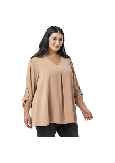 Disentis Büyük Beden V Yaka Önü Plikaşeli Katlamalı Kollu Camel Bluz-camel Camel