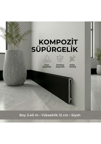 Espumo Kompozit Süpürgelik 12 cm Siyah | Suya Dayanıklı Parke Duvar Süpürgelik 2,40 m ESP506