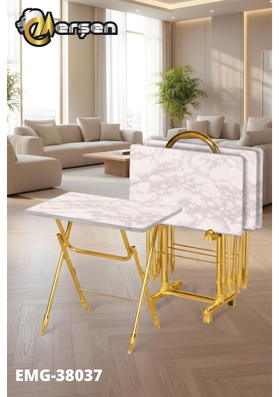 Eranş Serisi 4'lü Katlanır Mdf Mebran Ahşap Çanta Zigon Sehpa Gold Ayak Beyaz Mermer Desen Gold Ayak