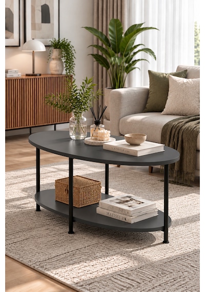 Oval Orta Sehpa 90 Cm İki Katlı Raflı Metal Ayaklı Modern Dekoratif Salon Sehpası Antrasit Oval Orta Sehpa 90 Cm İki Katlı Raflı Metal Ayaklı Modern Dekoratif Salon Sehpası Antrasit