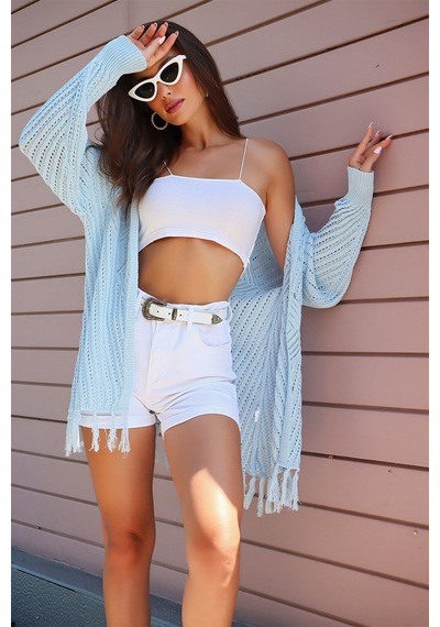 Aqe Fashion Motif Detaylı Eteği Püsküllü Hırka Bebe Mavisi Bebe Mavi