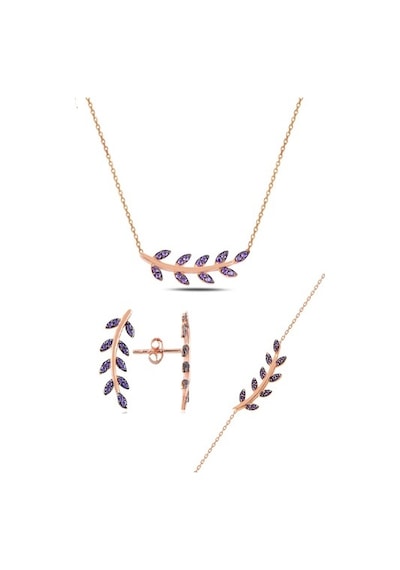 Gümüş Rose Mor Taşlı Yaprak Üçlü Set