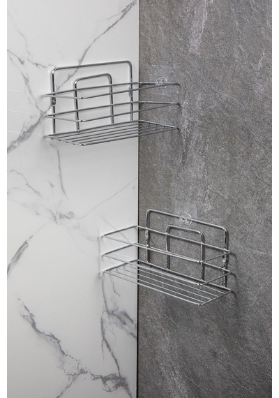 2'li Set Banyo Düzenleyici Şampuanlık 4 Organizer Raf Yapışkanlı Paslanmaz Krom