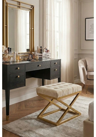 Nexus Babyface Kapitoneli Puf - Gold Metal X Ayaklı Modern Bench 50x40 Cm Bej