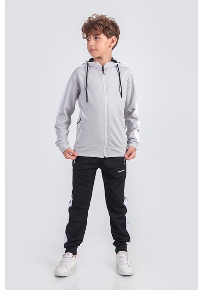 Pina Kids Erkek Çocuk Scuba Potential Kalın Şeritli Kapüşonlu Dalgıç Kumaş Eşofman Takımı Esf7026 gri