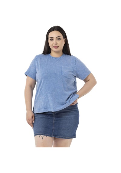 Disentis Büyük Beden Parça Boyalı Bisiklet Yaka Kavisli Yırtmaçlı Mavi T-shirt-mavi Mavi