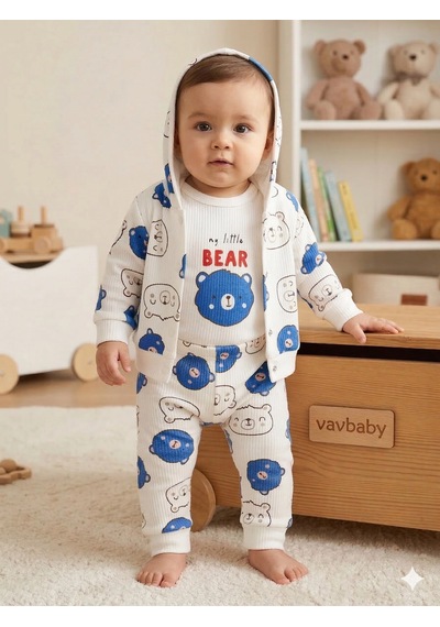 Ayıcık Desenli 3 Lü Bebek Takımı - Kapüşonlu Hırka, Zıbın Body Ve Alt Pijama Seti Kahverengi Mavi