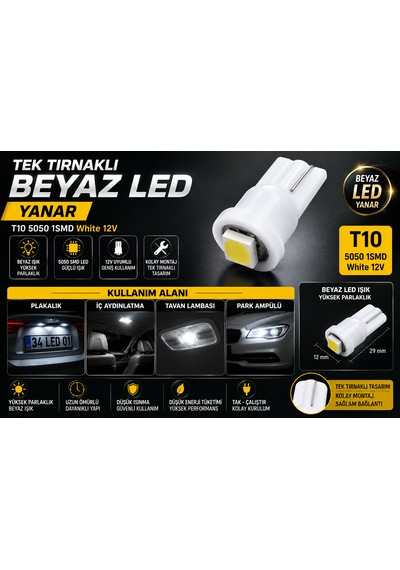 Universal T10 5050 1smd Tek Tırnaklı Beyaz 12v Led Ampul -