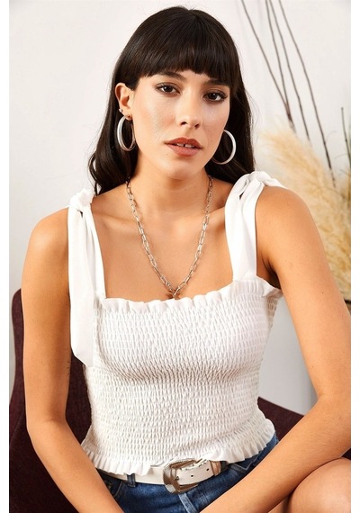 Aqe Fashion Kadın Beyaz Askılı Crop Bluz-Beyaz