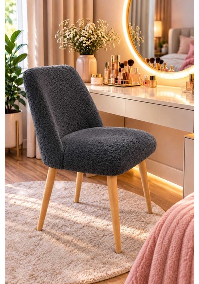 Arya Makyaj Masası Sandalyesi Teddy Kumaş Ahşap Ayaklı Dekoratif Sandalye Mutfak, Salon, Makyaj Pufu Ve Çalışma Sandalyesi Antrasit Arya Makyaj Masası Sandalyesi Teddy Kumaş Ahşap Ayaklı Dekoratif Sandalye Mutfak, Salon, Makyaj Pufu Ve Çalışma Sandalyesi Antrasit