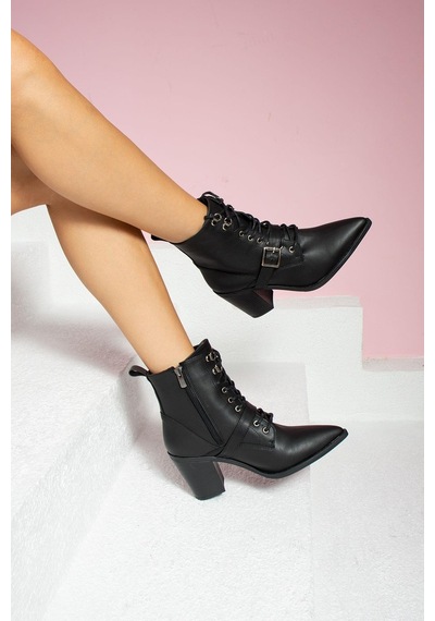 Shoetek Dasha Kadın Bot&bootie Tokalı Bağcıklı Siyah Deri Sıyah Cılt