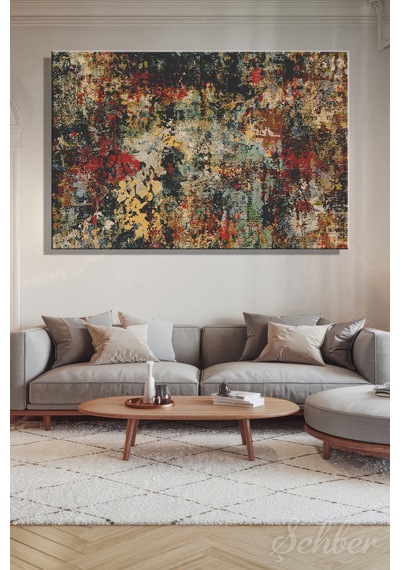 Siyah Kırmızı Sarı Tonlarda Soyut Desenlere Sahip Modern Dekoratif Yatay Kanvas Tablo 4323 Çok Renkli