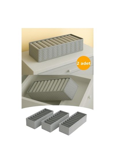 2 Adet Puantiyeli - Medium 11 Gözlü Çekmece Içi Düzenleyici Organizer Kumaş 40 X 30 Gri Tr Diğer