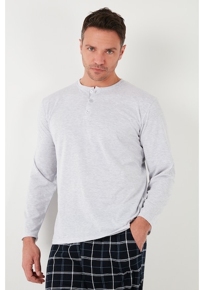 Buratti Ekoseli Pamuklu Beli Lastikli Regular Fit Uzun Kollu Erkek Pijama Takımı 6572003 Gri Melanj