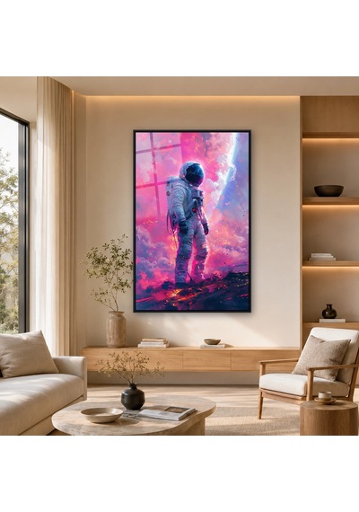 Pembe Bulutlarda Yürüyen Astronot Siyah Çerçeveli Cam Tablo