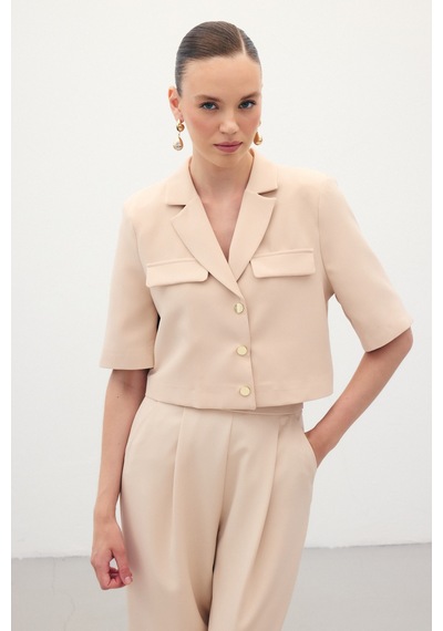 Sateen Kısa Kollu Ceket - Bej-136202 Bej