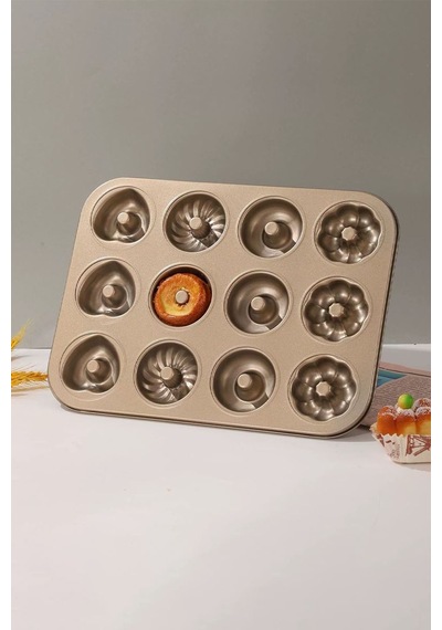 Karbon Çelik 12 Li Çiçek Kalp Şekil Donut Kek Pişirme Kalıbı Mt123 Krem