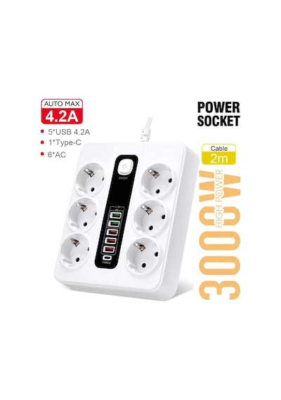 Hp-h04 3000w 10amper 6 Lı 2metre Uzatma Kablolu Çoklu Termal Akım Priz 2