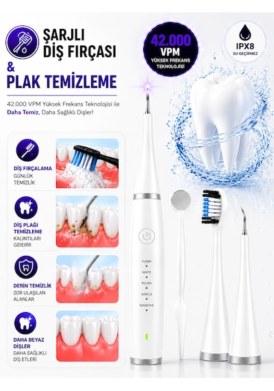 Ipx8 Su Geçirmez Şarjlı Akıllı Diş Fırçası 42000 Vpm Ultrasonik 800mah 5 Mod 3 Yedek Başlık Beyaz