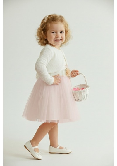 Mnk Baby & Kids Triko Bolerolu Bel Çiçekli Kız Bebek Elbise M00773 açık pembe