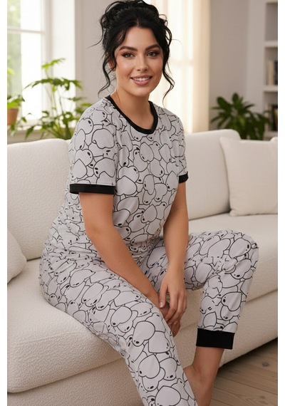 Siyah İnci Desenli Pamuklu Büyük Beden Battal Boy Örme Pijama Takım 26113864 Lila Siyah İnci Desenli Pamuklu Büyük Beden Battal Boy Örme Pijama Takım 26113864 Lila