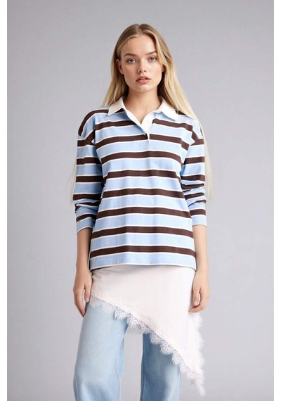 Defacto Loose Fıt Polo Yaka Sweatshirt G9724ax26spbe744 Mavi-be744