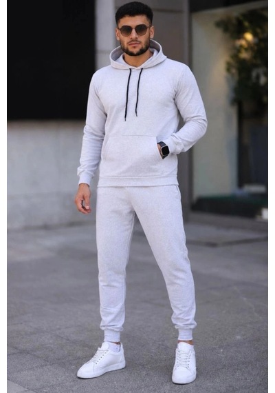 Freedom Storee Erkek İki İplik Kapüşonlu Kanguru Cepli Sweatshirt Jogger Pantolon Alt Üst Eşofman Takımı -beyaz Çok Renkli