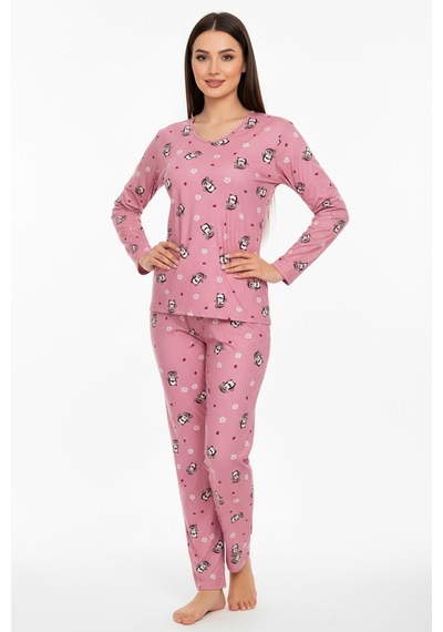Bisiklet Yaka Süet Pijama Takımı 6008 Penguen Pembe Turuncu