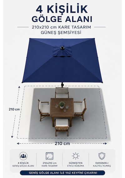 Alubrella Kare Lacivert Bahçe, Güneş Şemsiyesi 210x210/8 Çelik Tel Bidonsuz