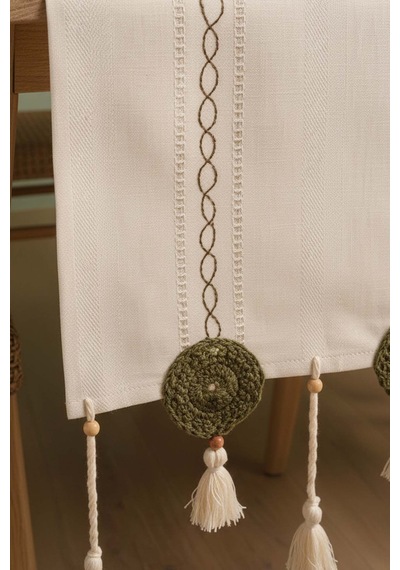 Yeşil Nakışlı Dantelli Runner 50x130 Cm Krem