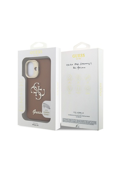 Apple iPhone 16 Uyumlu Kılıf Guess  Lisanslı Grained Yazı Logolu Kamera Standlı Kapak Kahverengi