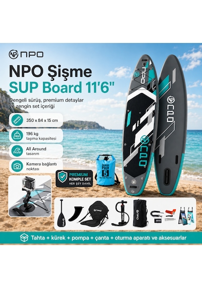 Npo Aqua Gray 350x84x15cm Şişme Military Sup Paddle Board 196kg Kürek Pompa Çanta Koltuklu Full Set