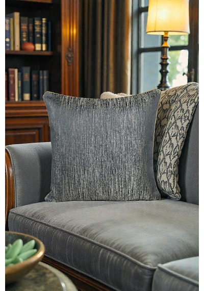 Kırlent Kılıfı Çizgili Desenli Jakarlı Dokuma Kumaş 2'li 45x45 Ve 35x50 Çift Taraflı Biyeli Füme