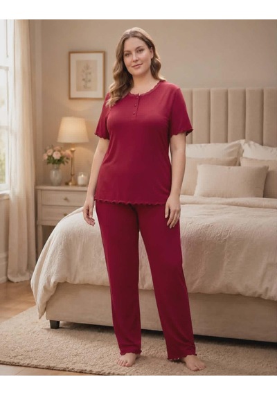 Derya Kadın Bambo Büyük Beden Düğme Yaka İnce Kısa Kol Pijama Takımı 7941 - 1 Adet Bordo