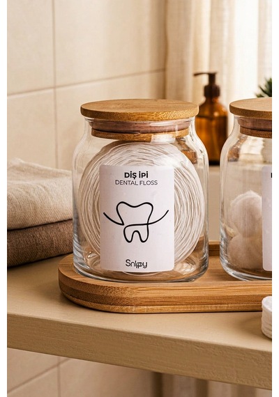 Serra - Bambu Standlı Vakum Bambu Kapaklı Etiketli Banyo Düzenleyici Cam Banyo Seti Banyo Organizeri Açık Ahşap