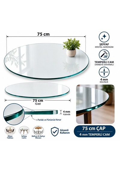 Masa Camı, Şeffaf Cam, Yuvarlak Cam, Masa Üstü Cam, 4mm Temperli Cam Çap 75 Cm