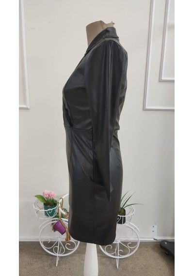 Bhrwear Kadın Uzun Kollu Kruvaze Yakalı Kısa Deri Elbise Renkli