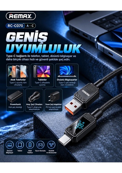 Remax Suxien Serisi Rc-c070-s 66w Akıllı Dijital Ekranlı Usb-a To Type-c Hızlı Şarj Ve Data Kablosu 1.2 Metre Siyah