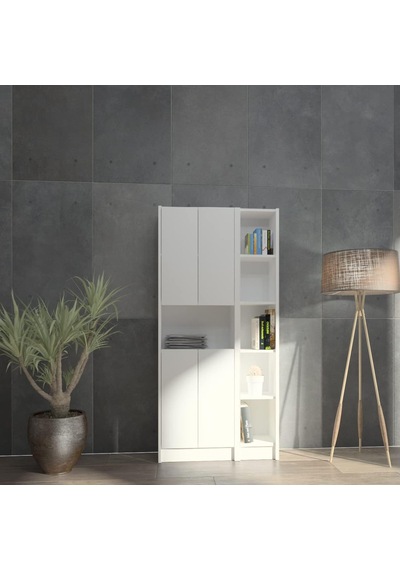 Flat85 Kitaplık 4 Kapaklı Kütüphane Çok Amaçlı Dolap Beyaz Çok Renkli