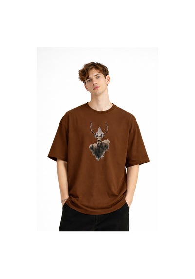 Misa Tahtakale Deer - Oversize Erkek Tişört Kahve Çok Renkli