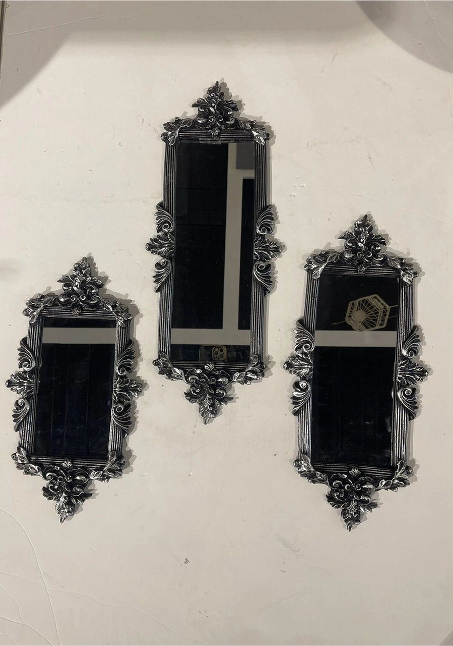 Dekoratif Polyester Üçlü Dikdörtgen Ayna Takımı Gümüş Siyah Eskitme
