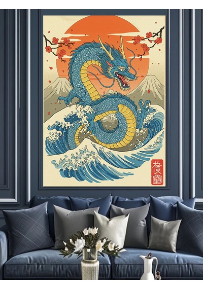 Japon Ejderhası Geleneksel Sanat Dekoratif Kanvas - Mdf Ahşap Tablo