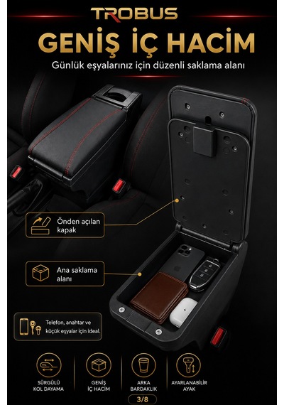 Trobus Toyota Corolla 1992-2007 Uyumlu Ayarlanabilir Ayaklı Kolçak Kol Dayama Siyah-kırmızı