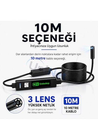 Uninet Iphone Için 10 Metre Wifi Özellikli 3 Kameralı Endoskop Yılan Kamera 1080p Hd