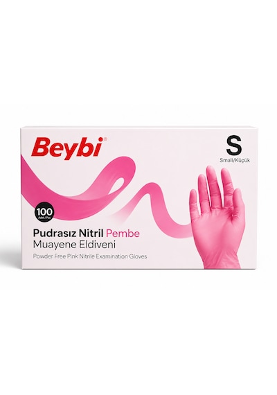 Beybi Nitril Pudrasız Muayene Eldiveni Pembe Small 100'lü