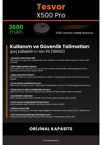 Tesvor X500 Pro 2600mAh Robot Süpürge  Bataryası