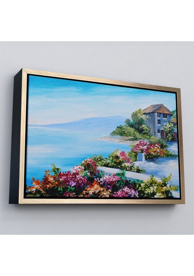 Çerçeveli Rengarenk Çiçekler Arasındaki Deniz Manzaralı Ev Duvar Tablosu-3633