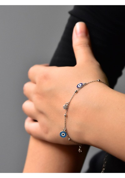 Papatya Silver 925 Ayar Gümüş Turkuaz ve Lacivert Göz Mineli Bileklik
